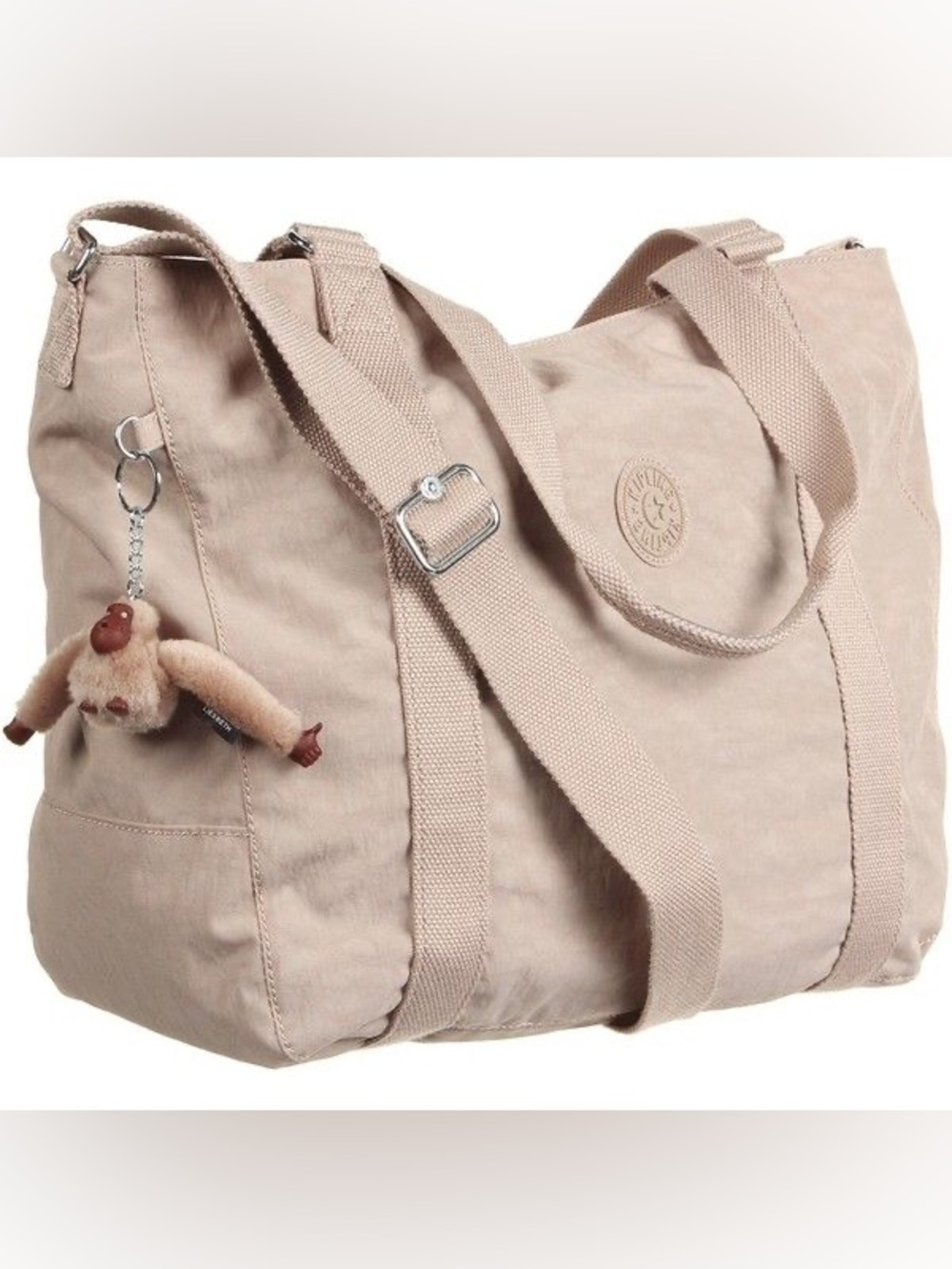New Kipling Beige Canvas Tote Bag with Monkey Keychain crossbody zippered 28x13”
